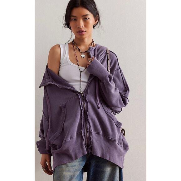 Free People Camden Oversized Slouchy Full Zip Hoodie Fallen Fig Purple Large - Picture 1 of 10